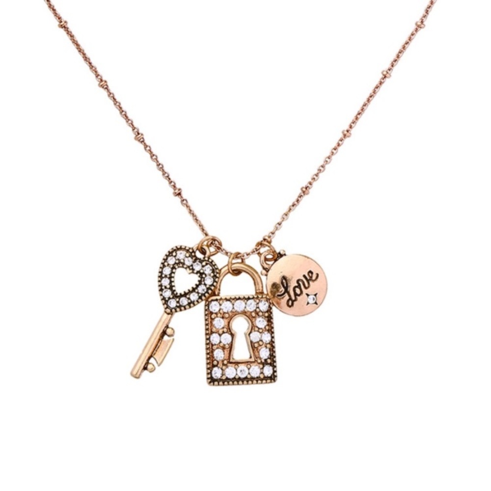 3/$25 Antique Gold Tone Key & Lock Charm Necklace
